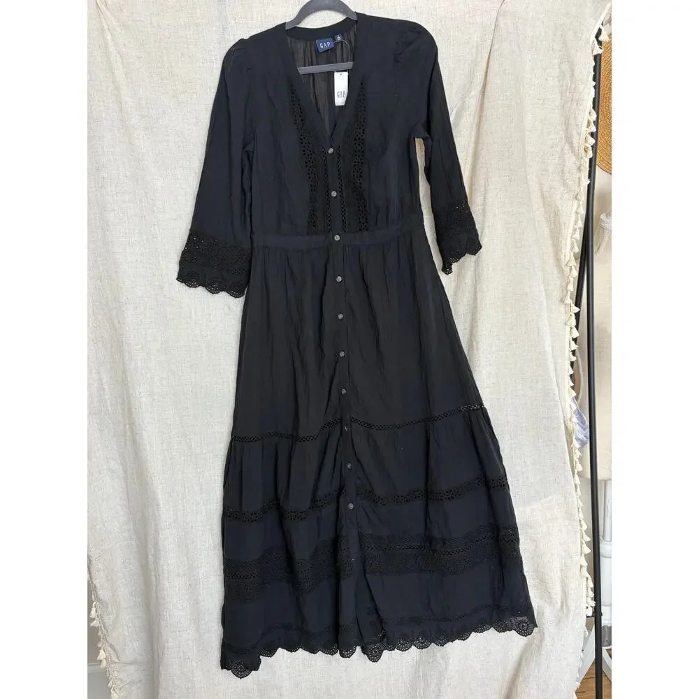 Gap Women's Black Textured Crinkle Lace Midi Dress Sz. S Tall - Picture 3 of 12